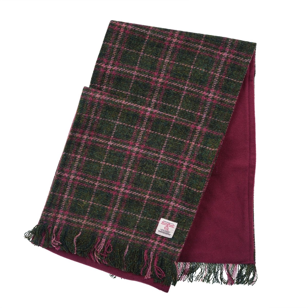 Harris Tweed Fringed Scarf with Fleece Back - Dark Green & Plum Check - Heritage Of Scotland -