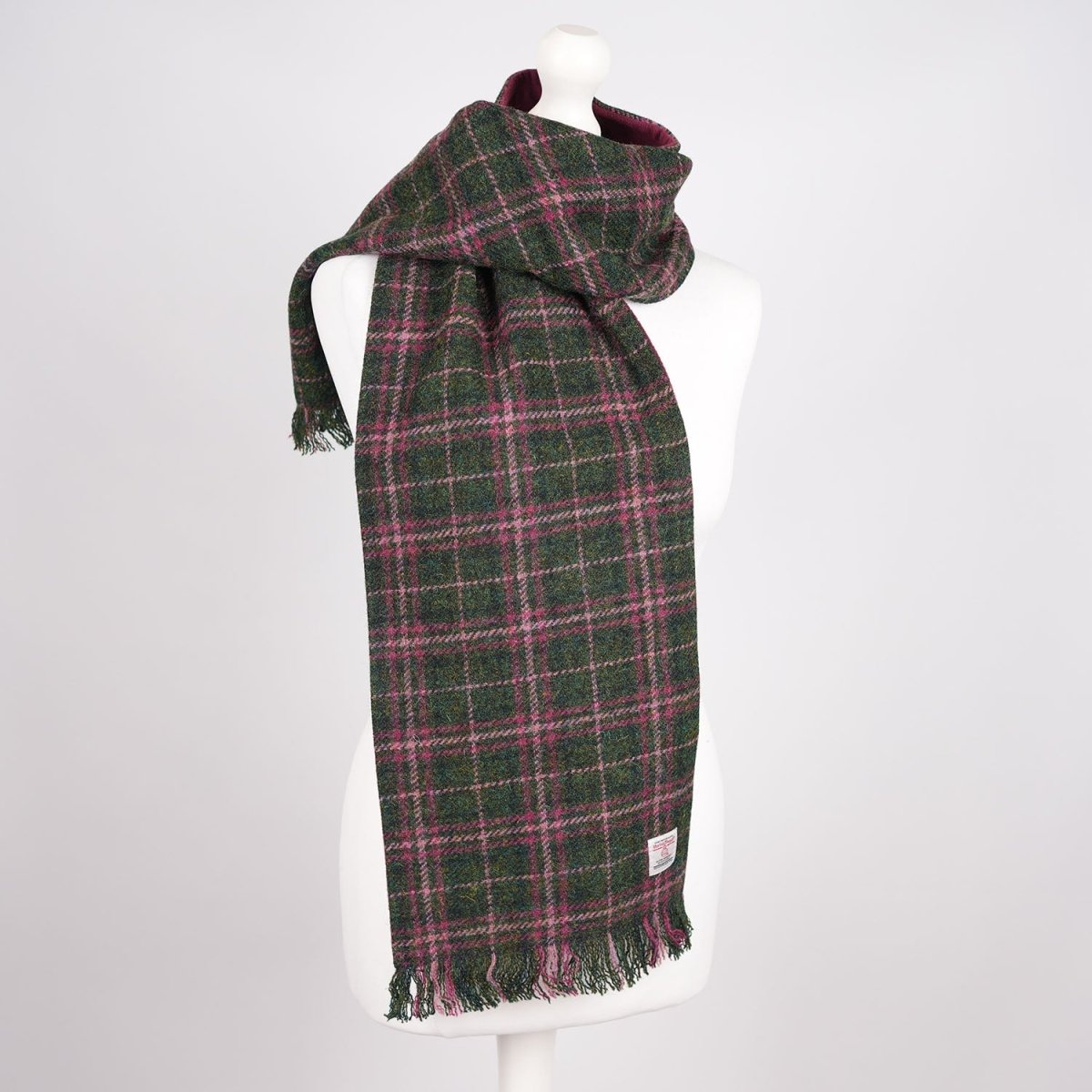 Harris Tweed Fringed Scarf with Fleece Back - Dark Green & Plum Check - Heritage Of Scotland -