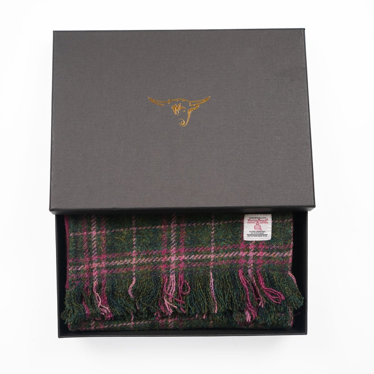 Harris Tweed Fringed Scarf with Fleece Back - Dark Green & Plum Check - Heritage Of Scotland -