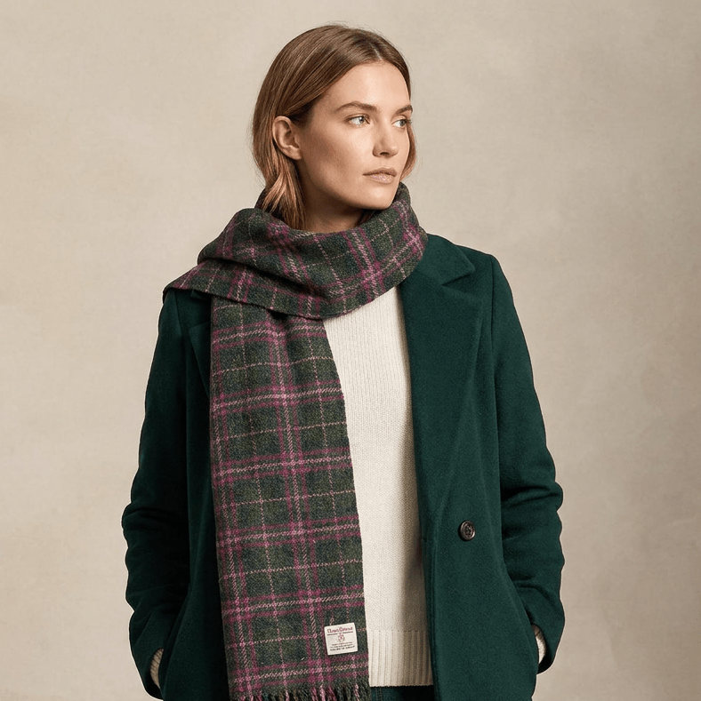 Harris Tweed Fringed Scarf with Fleece Back - Dark Green & Plum Check - Heritage Of Scotland -