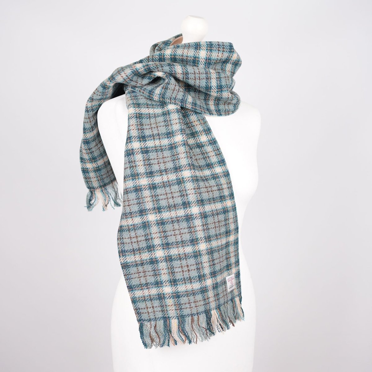 Harris Tweed Fringed Scarf with Fleece Back - Duck Egg & Cream Check - Heritage Of Scotland -