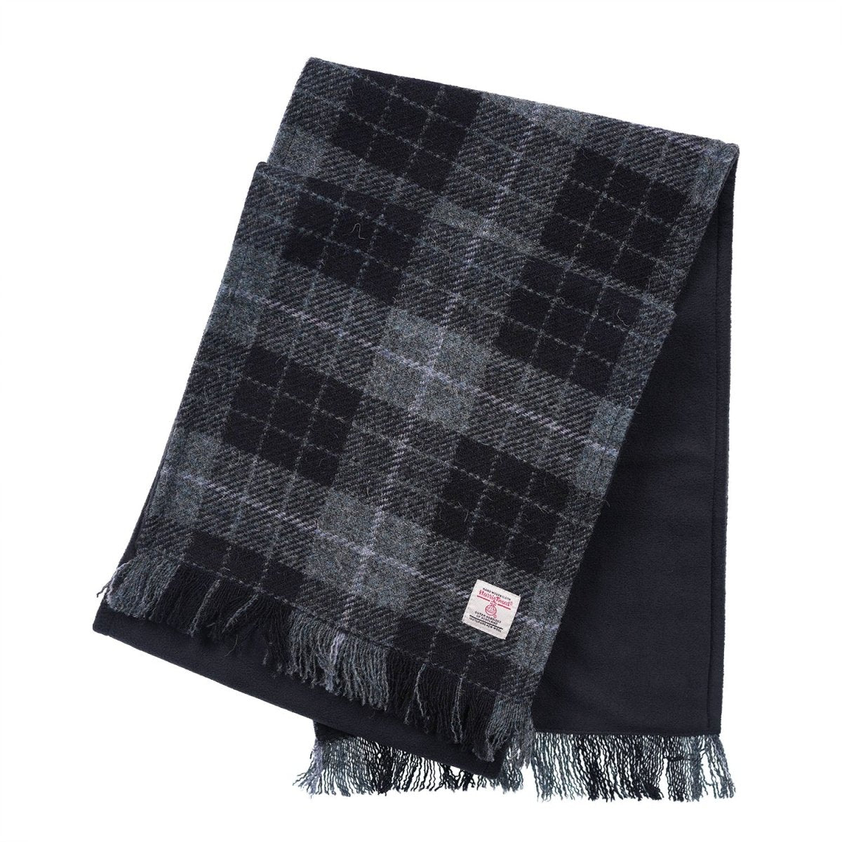 Harris Tweed Fringed Scarf with Fleece Back - Grey and Black Tartan - Heritage Of Scotland -