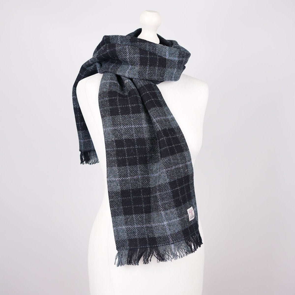 Harris Tweed Fringed Scarf with Fleece Back - Grey and Black Tartan - Heritage Of Scotland -