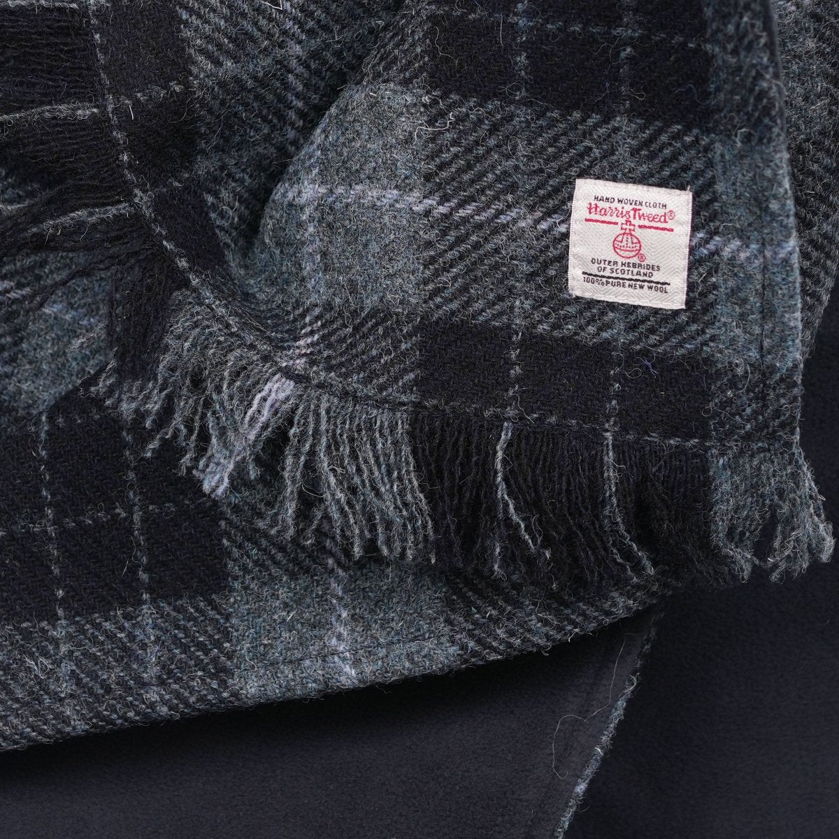 Harris Tweed Fringed Scarf with Fleece Back - Grey and Black Tartan - Heritage Of Scotland -