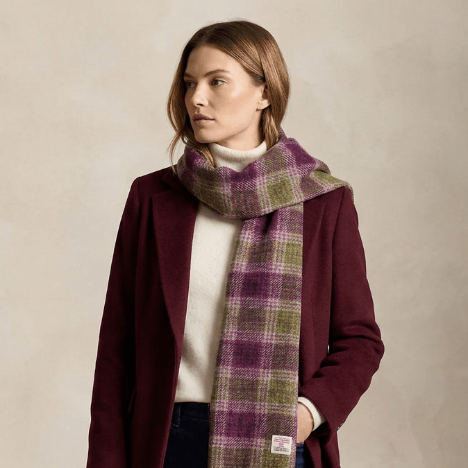 Harris Tweed Fringed Scarf with Fleece Back - Heather Check - Heritage Of Scotland -