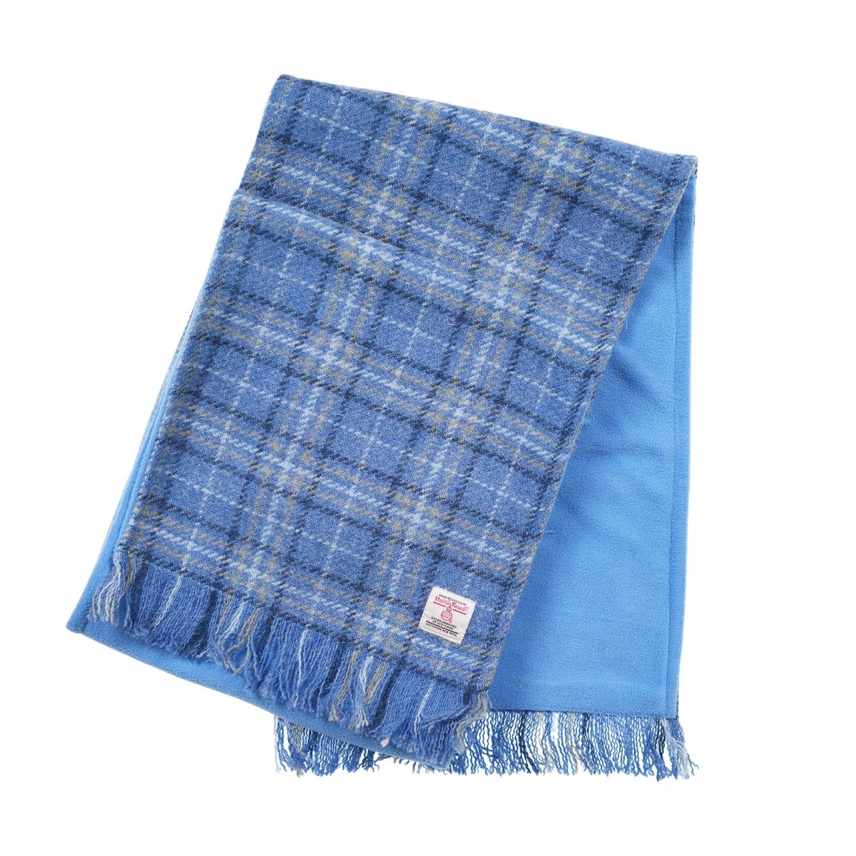 Harris Tweed Fringed Scarf with Fleece Back - Light Blue Check - Heritage Of Scotland -