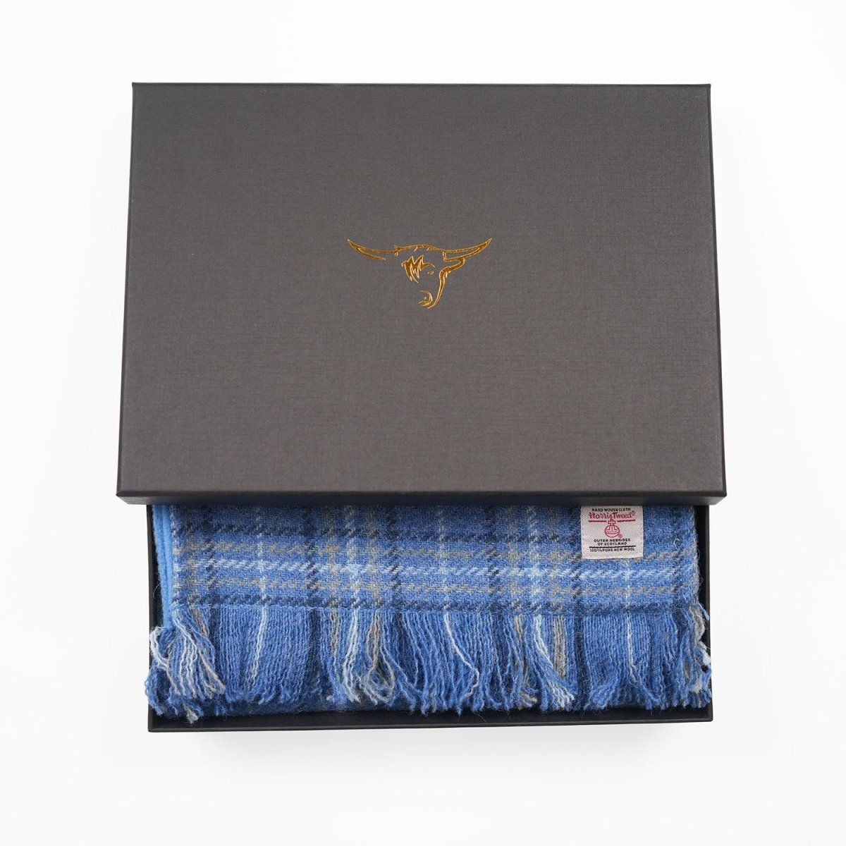 Harris Tweed Fringed Scarf with Fleece Back - Light Blue Check - Heritage Of Scotland -