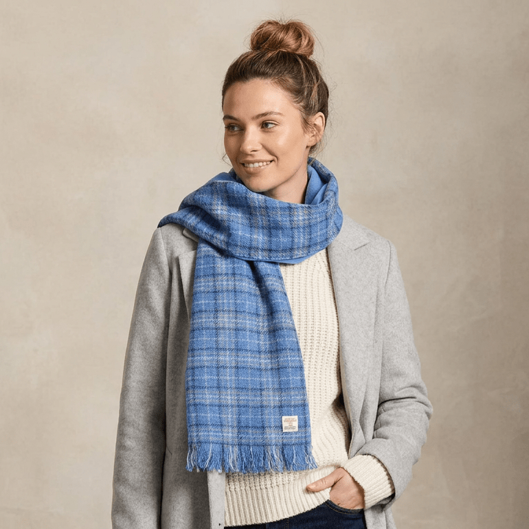 Harris Tweed Fringed Scarf with Fleece Back - Light Blue Check - Heritage Of Scotland -