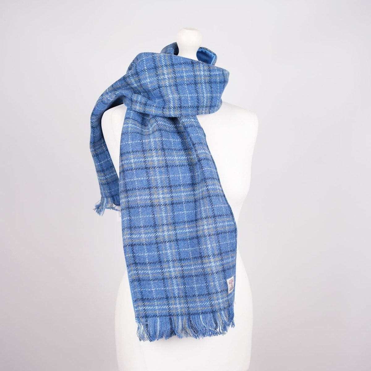 Harris Tweed Fringed Scarf with Fleece Back - Light Blue Check - Heritage Of Scotland -