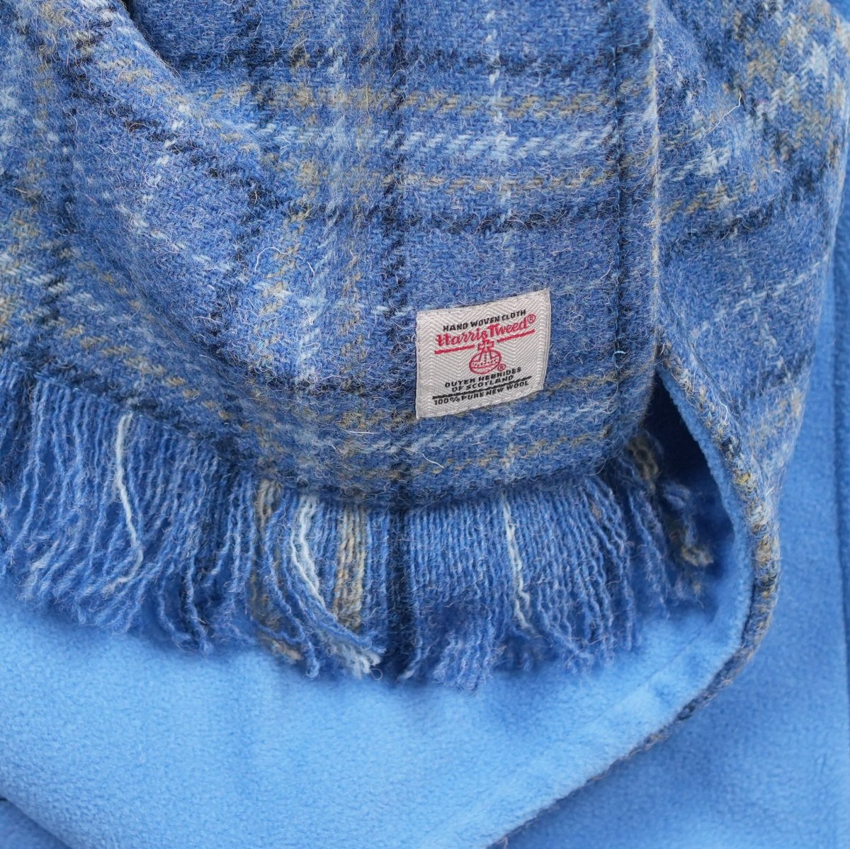 Harris Tweed Fringed Scarf with Fleece Back - Light Blue Check - Heritage Of Scotland -