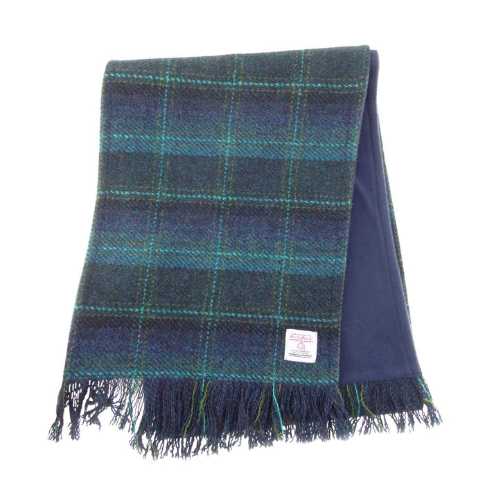 Harris Tweed Fringed Scarf with Fleece Back - Made in UK - Heritage Of Scotland - Blue with Turquoise Overcheck (COL119)
