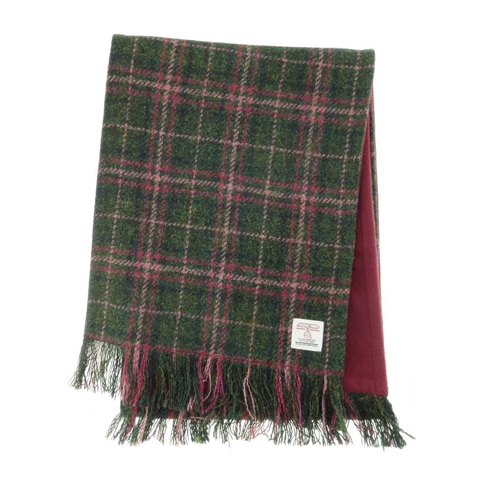 Harris Tweed Fringed Scarf with Fleece Back - Made in UK - Heritage Of Scotland - Dark Green & Plum Check (COL107)