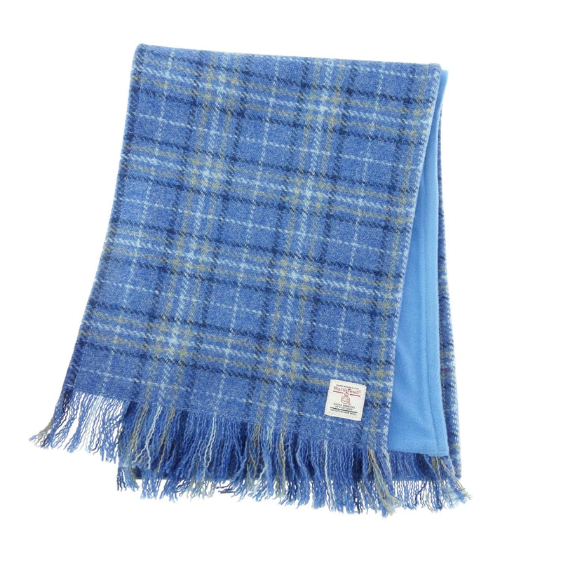 Harris Tweed Fringed Scarf with Fleece Back - Made in UK - Heritage Of Scotland - Light Blue Check (COL129)