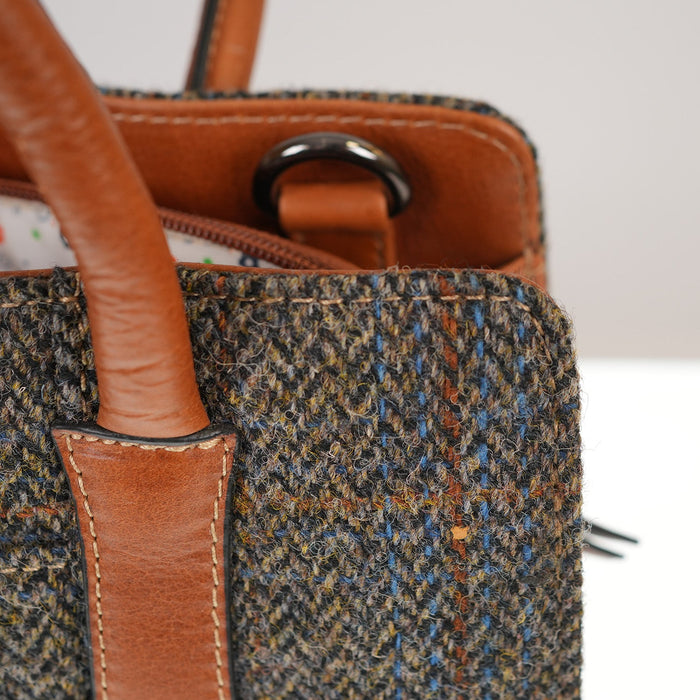 Harris Tweed Handbag – Classic Wool Tote with Leather Trim - Heritage Of Scotland - BLUE & BROWN CHECK HB / TAN