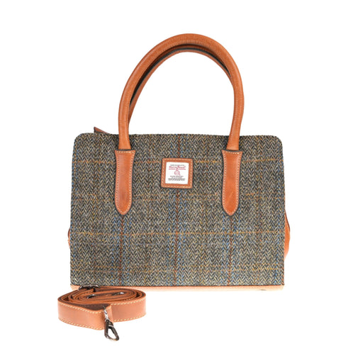 Harris Tweed Handbag – Classic Wool Tote with Leather Trim - Heritage Of Scotland - BLUE & BROWN CHECK HB / TAN