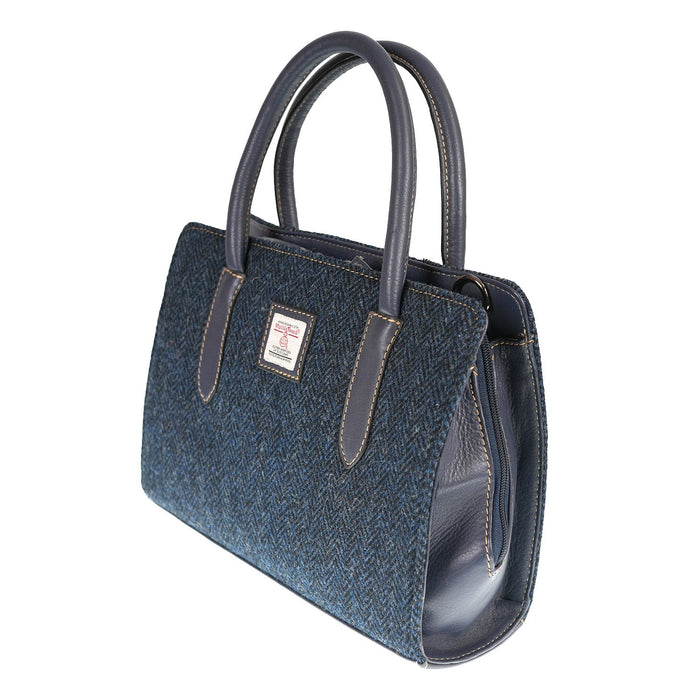 Harris Tweed Handbag – Classic Wool Tote with Leather Trim - Heritage Of Scotland - NAVY BLUE HERRINGBONE / BLUE