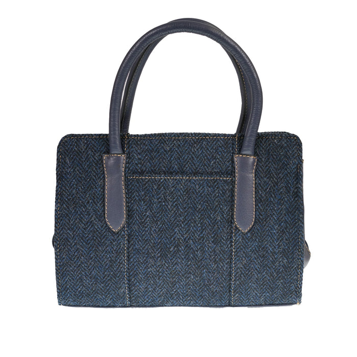 Harris Tweed Handbag – Classic Wool Tote with Leather Trim - Heritage Of Scotland - NAVY BLUE HERRINGBONE / BLUE