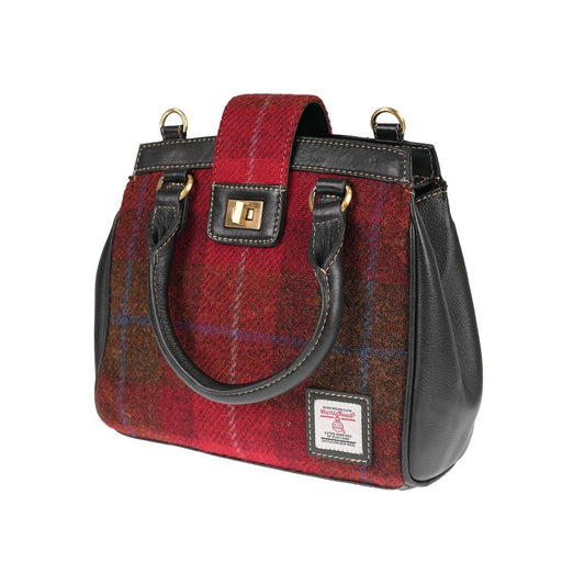 Harris Tweed Handbag With Flap Closer - RED CHECK A / BLACK - Heritage Of Scotland -