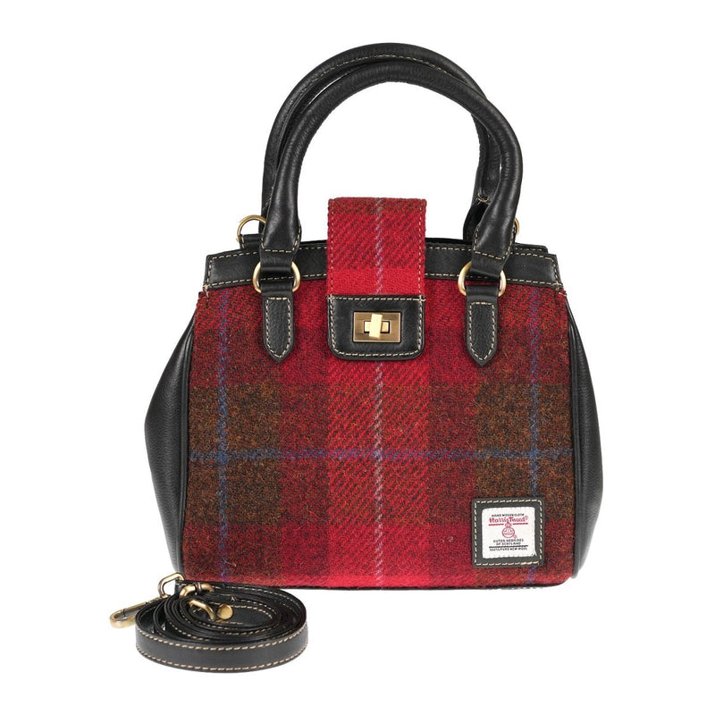 Harris Tweed Handbag With Flap Closer - RED CHECK A / BLACK - Heritage Of Scotland -