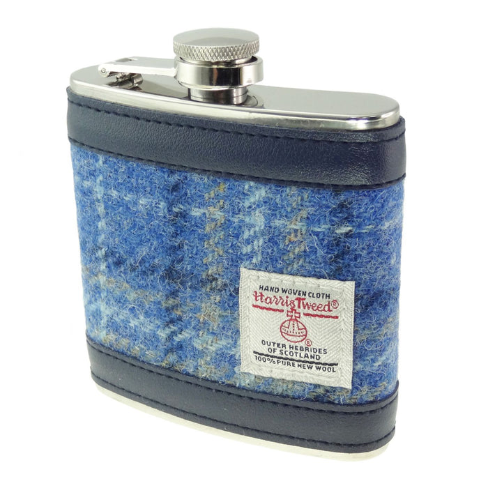 Harris Tweed Hip Flask Light Blue Check - Heritage Of Scotland - Light Blue Check