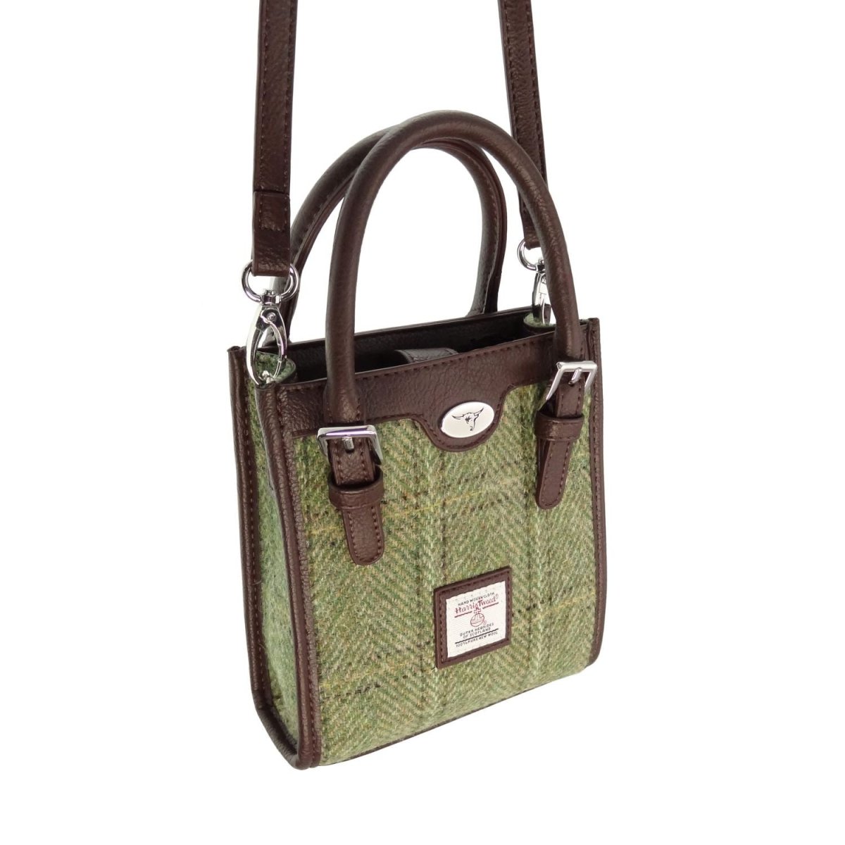 Harris Tweed Keltie Tall Mini Tote Bag - Wool Crossbody Tote - Green Herringbone with Overcheck (COL153) - Heritage Of Scotland -