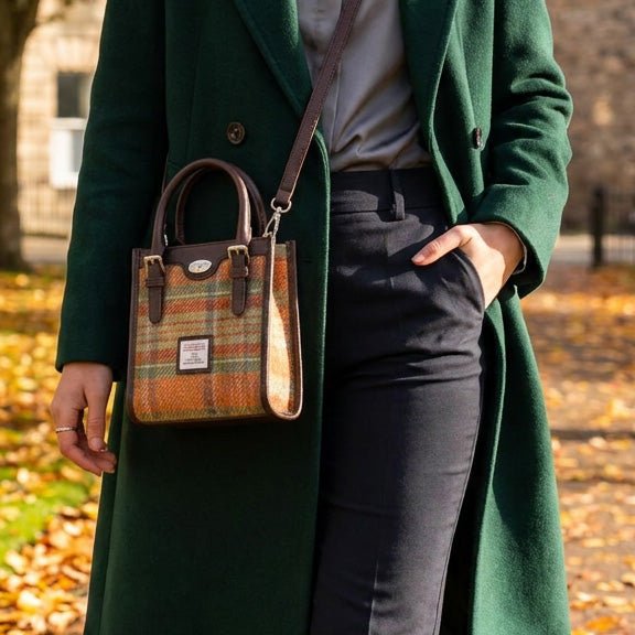 Harris Tweed Keltie Tall Mini Tote Bag - Wool Crossbody Tote - Heather Check (COL125) - Heritage Of Scotland -