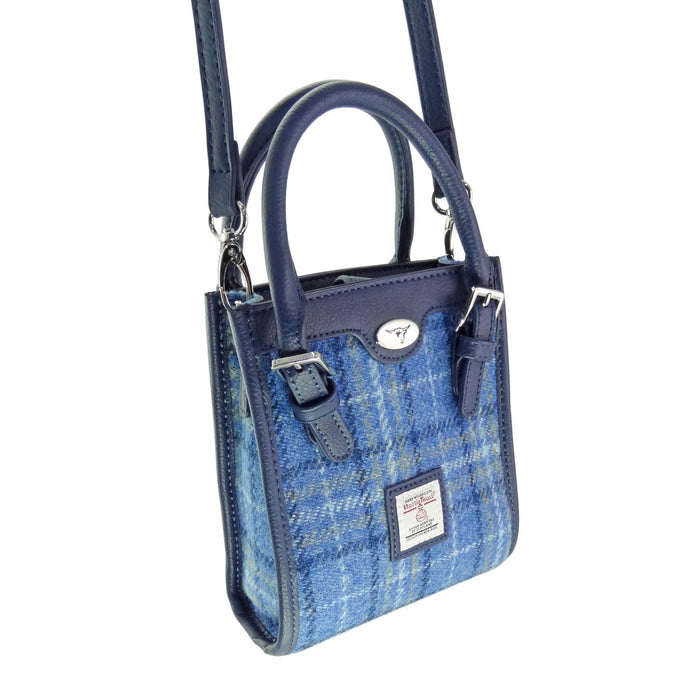 Harris Tweed Keltie Tall Mini Tote Bag - Wool Crossbody Tote - Heritage Of Scotland - Light Blue Check (COL129)