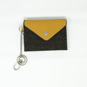 Harris Tweed Key Holder with Leather Flap - DARK BROWN BARLEYCORN / YELLOW - Heritage Of Scotland -