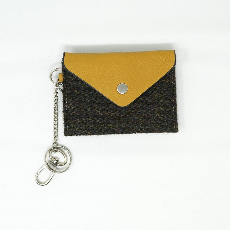 Harris Tweed Key Holder with Leather Flap - DARK BROWN BARLEYCORN / YELLOW - Heritage Of Scotland -