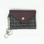 Harris Tweed Key Holder with Leather Flap - GREY & RED CHECK / MAROON - Heritage Of Scotland -