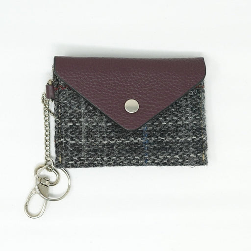 Harris Tweed Key Holder with Leather Flap - GREY & RED CHECK / MAROON - Heritage Of Scotland -