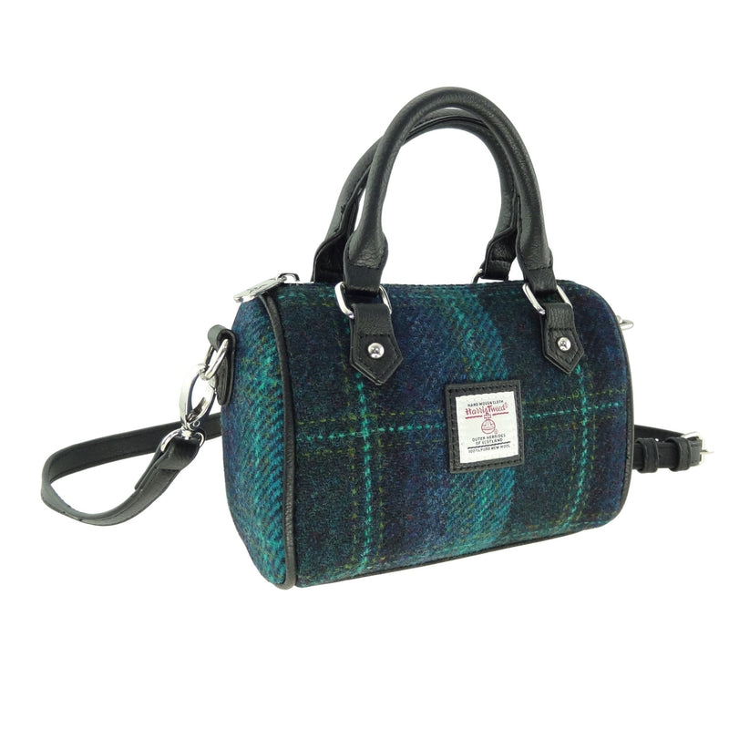 Harris Tweed Kilbride Mini Bowling Bag - Small Shoulder and Handbag - Heritage Of Scotland - Blue with Turquoise Overcheck (COL119)
