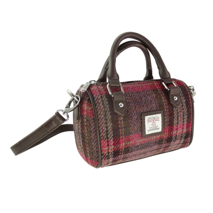 Harris Tweed Kilbride Mini Bowling Bag - Small Shoulder and Handbag - Heritage Of Scotland - Burgundy & Pink Stewart Tartan (COL144)