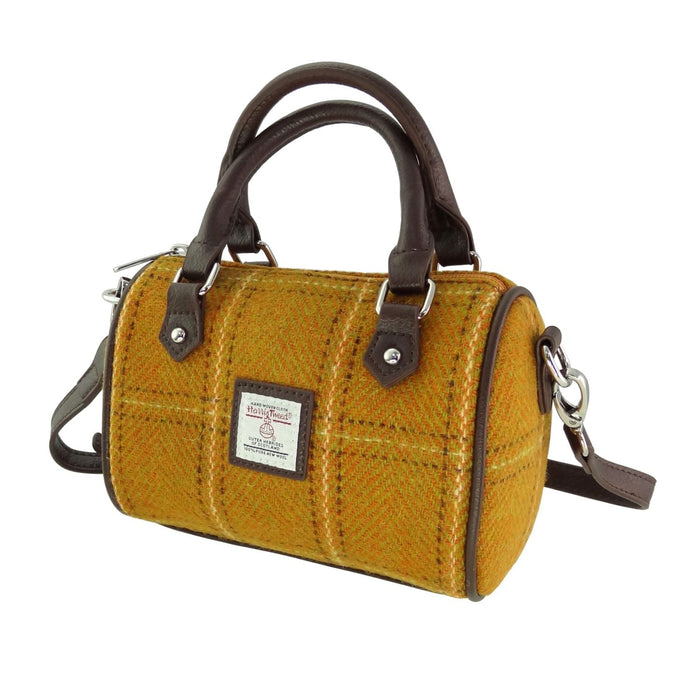 Harris Tweed Kilbride Mini Bowling Bag - Small Shoulder and Handbag - Heritage Of Scotland - Mustard with Overcheck. (COL130)