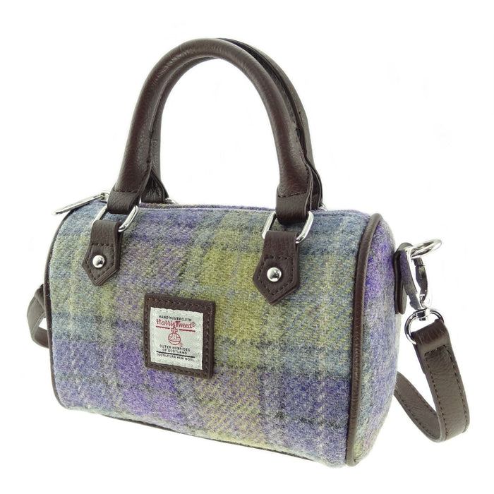 Harris Tweed Kilbride Mini Bowling Bag - Small Shoulder and Handbag - Heritage Of Scotland - Muted Lilac / Lime Green Tartan (COL112)