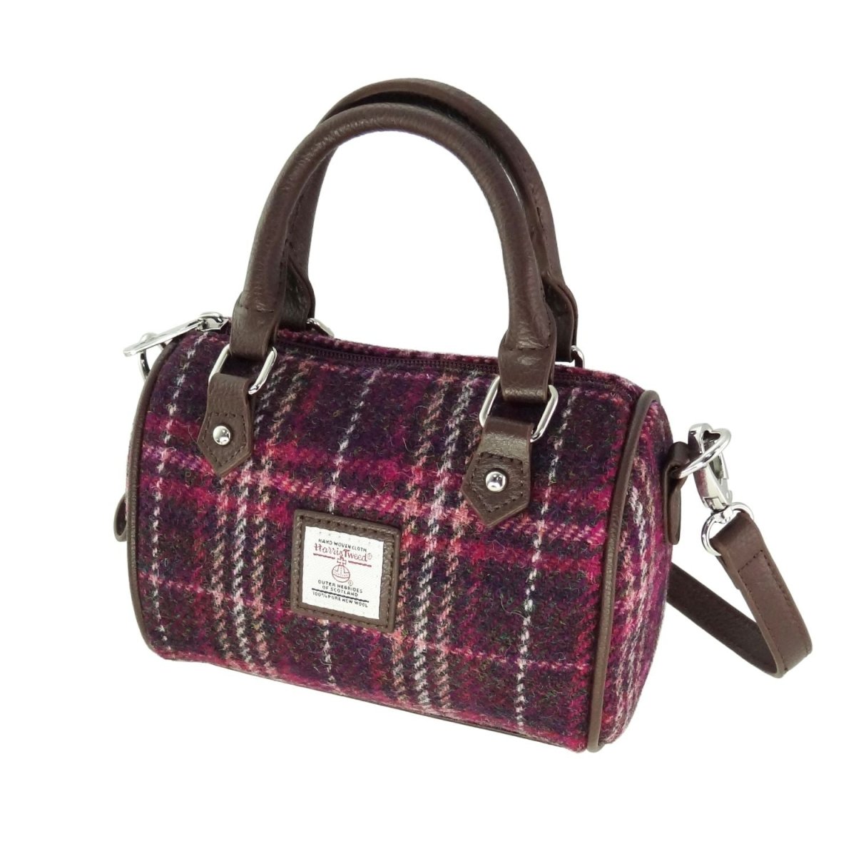 Harris Tweed Kilbride Mini Bowling Bag - Small Shoulder and Handbag - Purple Check (COL131) - Heritage Of Scotland -