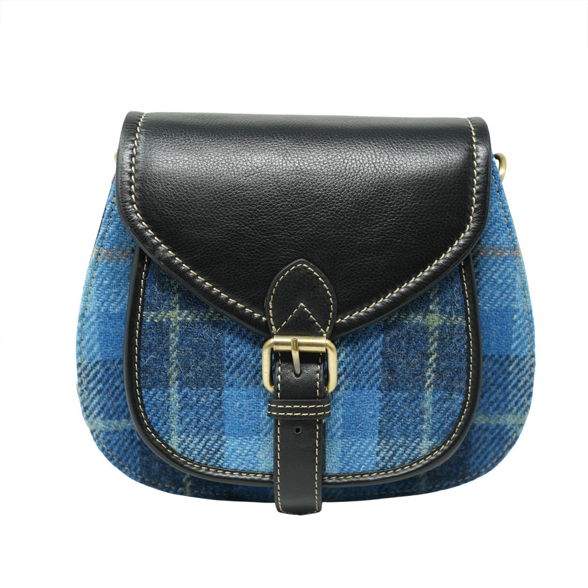 Harris Tweed Ladies Leather Shoulder Bag – Blue Check & Black - Heritage Of Scotland - Blue Check / Black