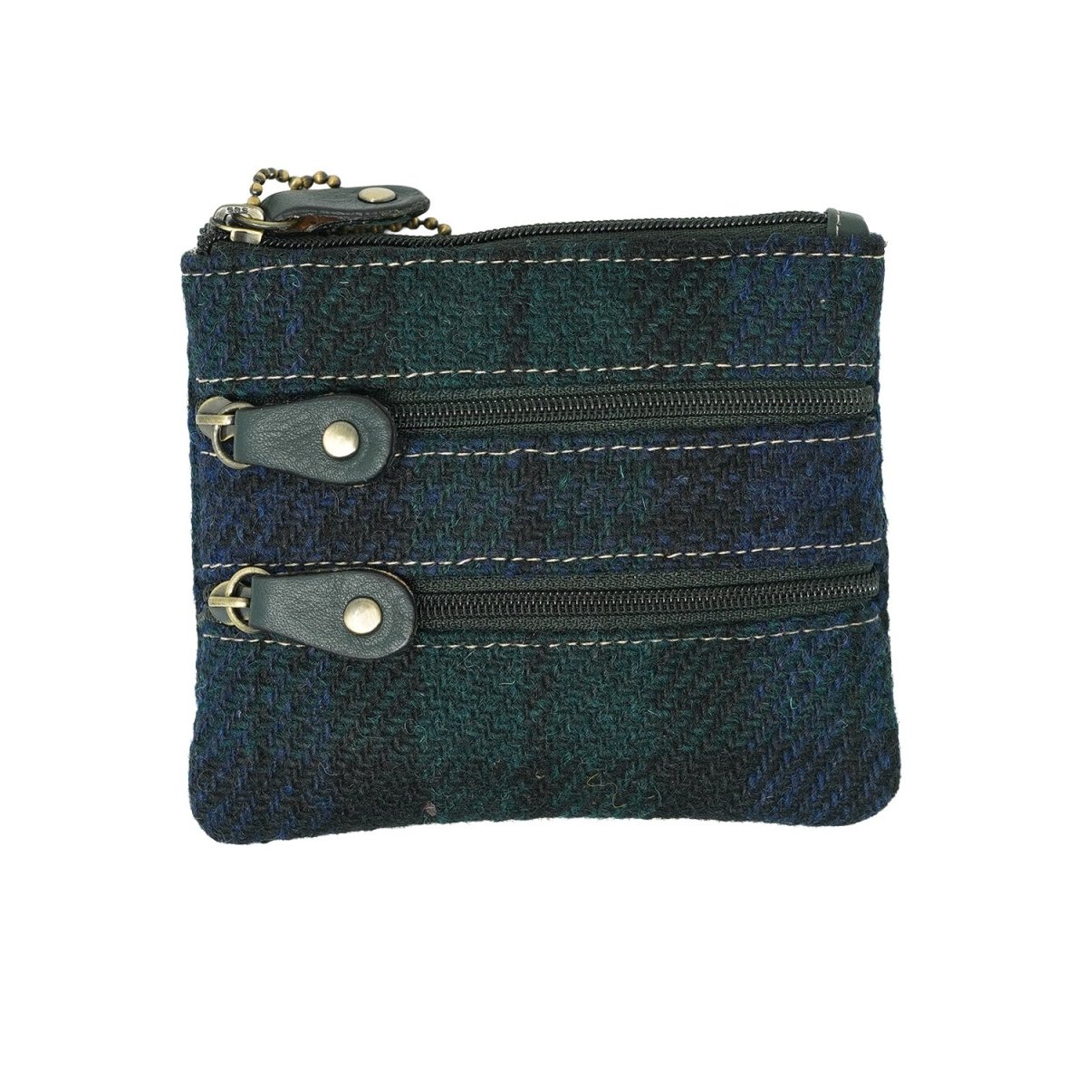 Harris Tweed Leather Coin Purse – Authentic Scottish Zip Wallet - Heritage Of Scotland - BLACK WATCH / GREEN