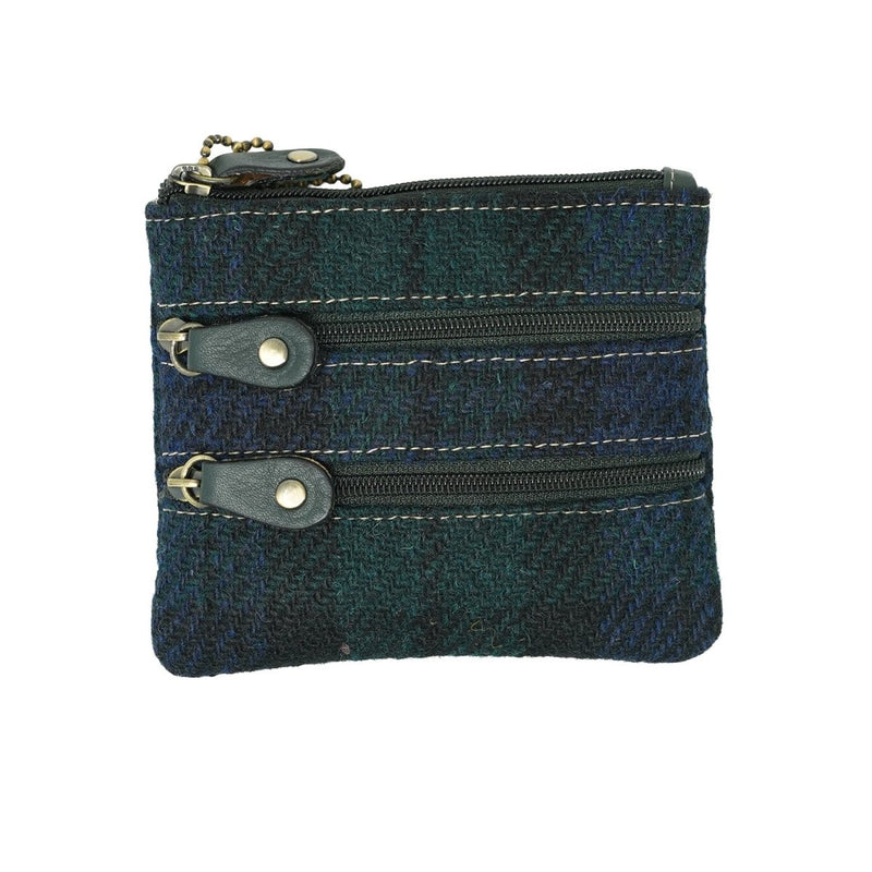 Harris Tweed Leather Coin Purse – Authentic Scottish Zip Wallet - Heritage Of Scotland - BLACK WATCH / GREEN