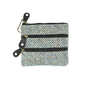 Harris Tweed Leather Coin Purse – Authentic Scottish Zip Wallet - Heritage Of Scotland - GREEN & BROWN HERRINGBONE / BLACK