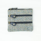Harris Tweed Leather Coin Purse – Authentic Scottish Zip Wallet - Heritage Of Scotland - GREEN & BROWN HERRINGBONE / BLUE