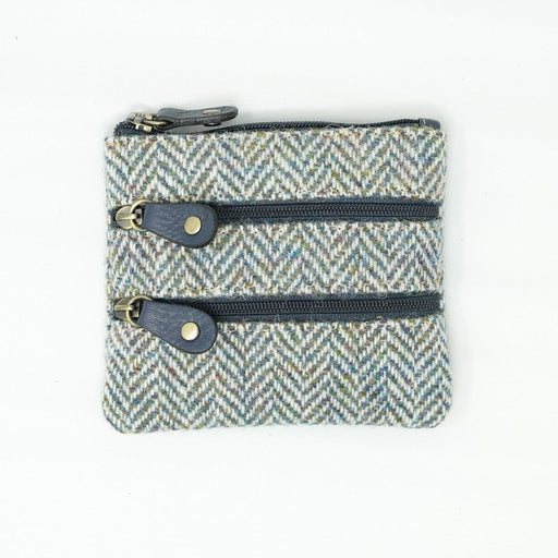 Harris Tweed Leather Coin Purse – Authentic Scottish Zip Wallet - Heritage Of Scotland - GREEN & BROWN HERRINGBONE / BLUE