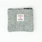 Harris Tweed Leather Coin Purse – Authentic Scottish Zip Wallet - Heritage Of Scotland - GREEN & BROWN HERRINGBONE / BLUE