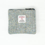 Harris Tweed Leather Coin Purse – Authentic Scottish Zip Wallet - Heritage Of Scotland - GREEN & BROWN HERRINGBONE / BLUE