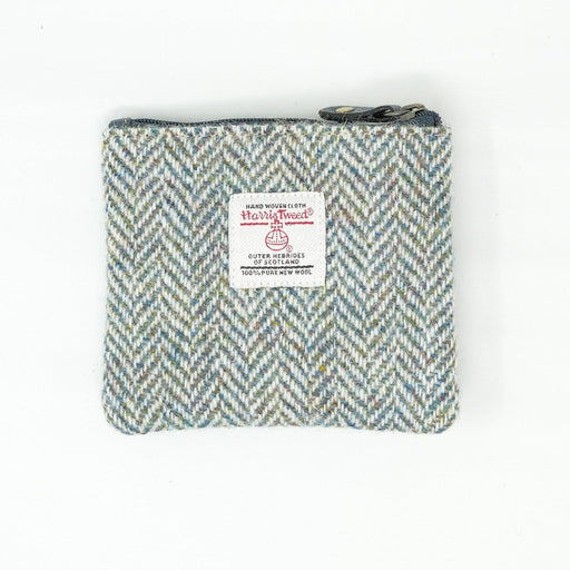 Harris Tweed Leather Coin Purse – Authentic Scottish Zip Wallet - Heritage Of Scotland - GREEN & BROWN HERRINGBONE / BLUE