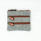 Harris Tweed Leather Coin Purse – Authentic Scottish Zip Wallet - Heritage Of Scotland - GREEN & BROWN HERRINGBONE / TAN