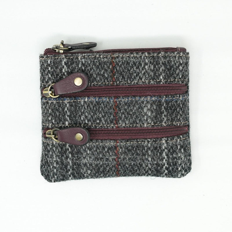 Harris Tweed Leather Coin Purse – Authentic Scottish Zip Wallet - Heritage Of Scotland - GREY & RED CHECK / MAROON