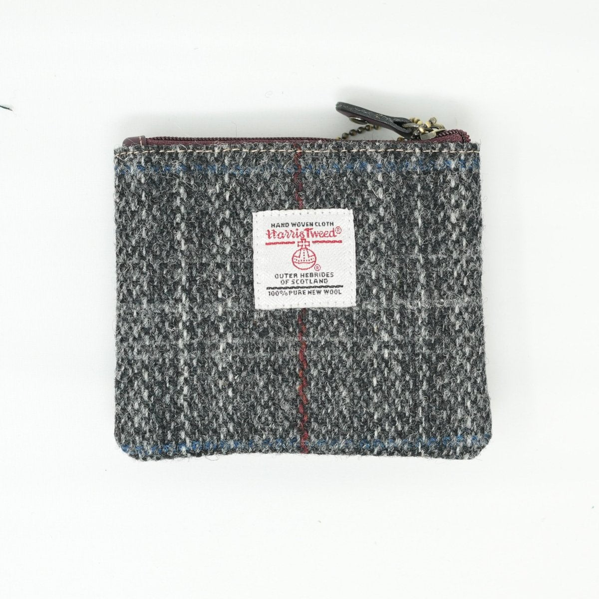 Harris Tweed Leather Coin Purse – Authentic Scottish Zip Wallet - Heritage Of Scotland - GREY & RED CHECK / MAROON