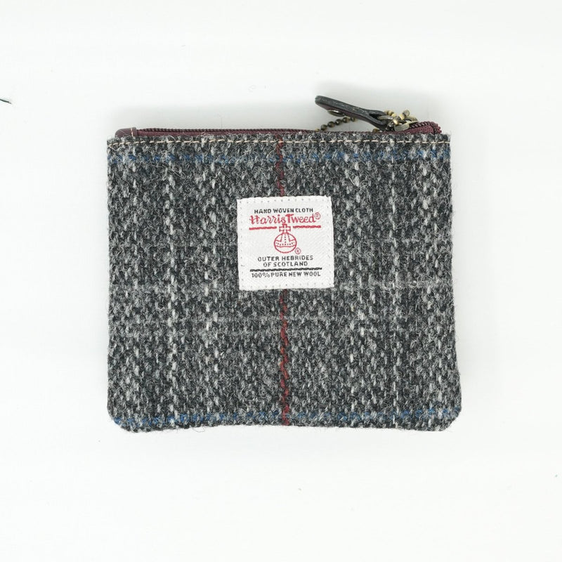 Harris Tweed Leather Coin Purse – Authentic Scottish Zip Wallet - Heritage Of Scotland - GREY & RED CHECK / MAROON
