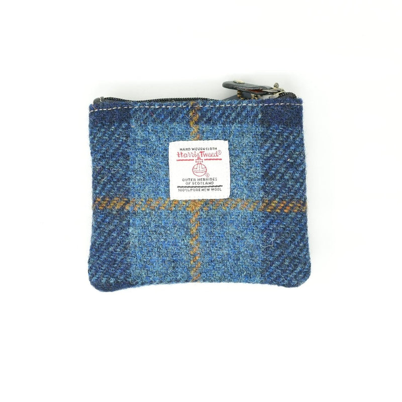 Harris Tweed Leather Coin Purse – Authentic Scottish Zip Wallet - Heritage Of Scotland - NAVY & RED CHECK / BLACK